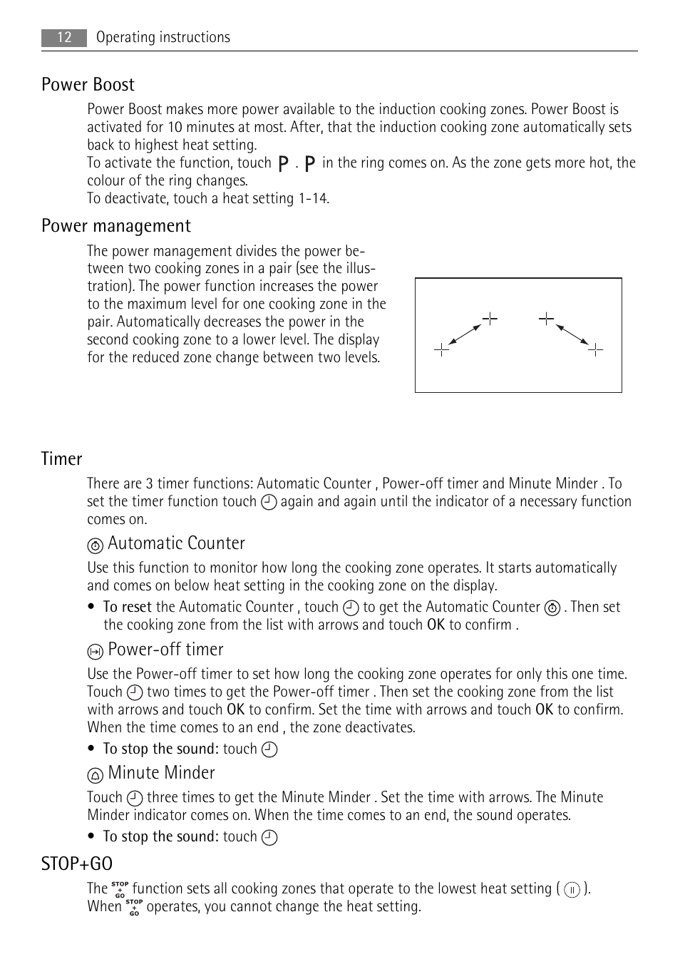 Power boost, Power management, Timer | Automatic counter, Power-off timer, Minute minder, Stop+go | AEG HK634200XB User Manual | Page 12 / 24