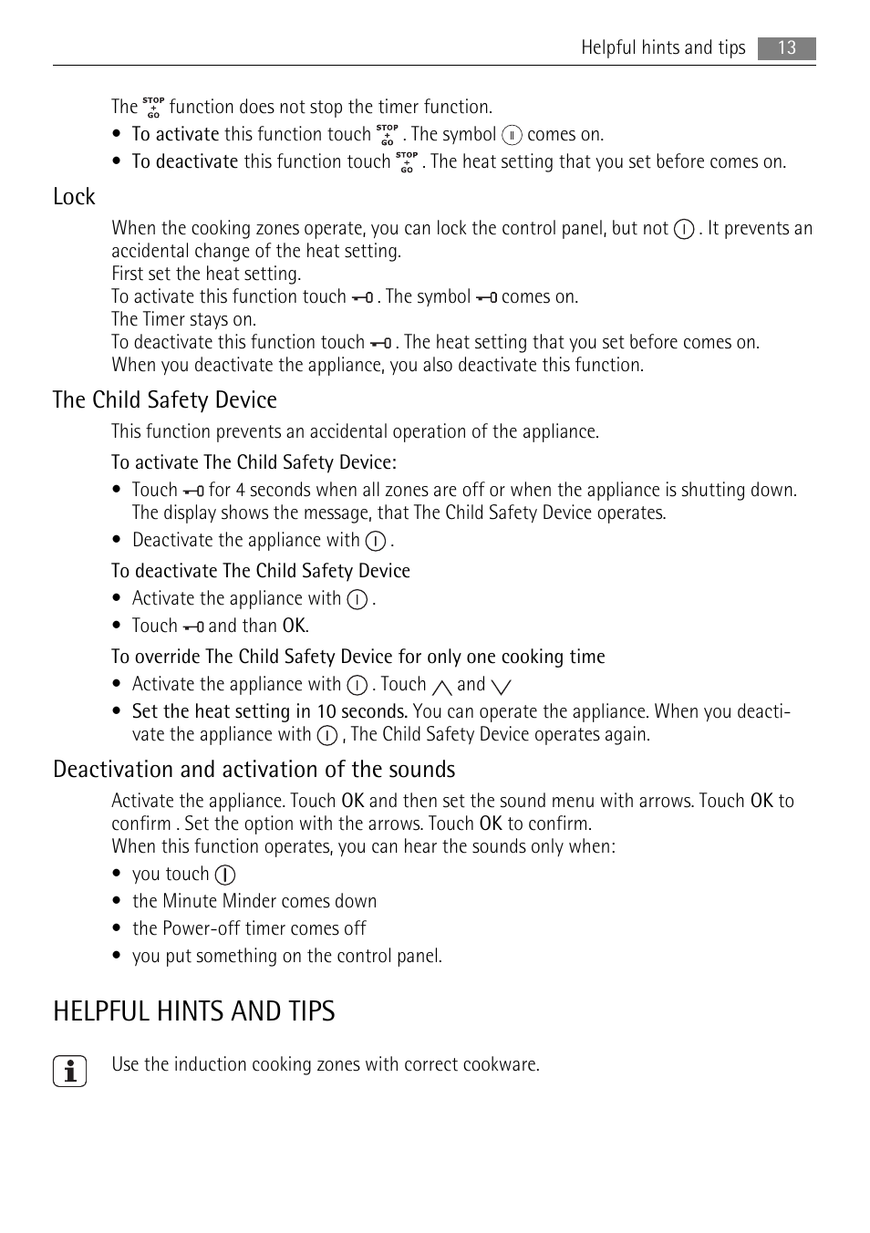 Helpful hints and tips, Lock, The child safety device | Deactivation and activation of the sounds | AEG HK634200XB User Manual | Page 13 / 24