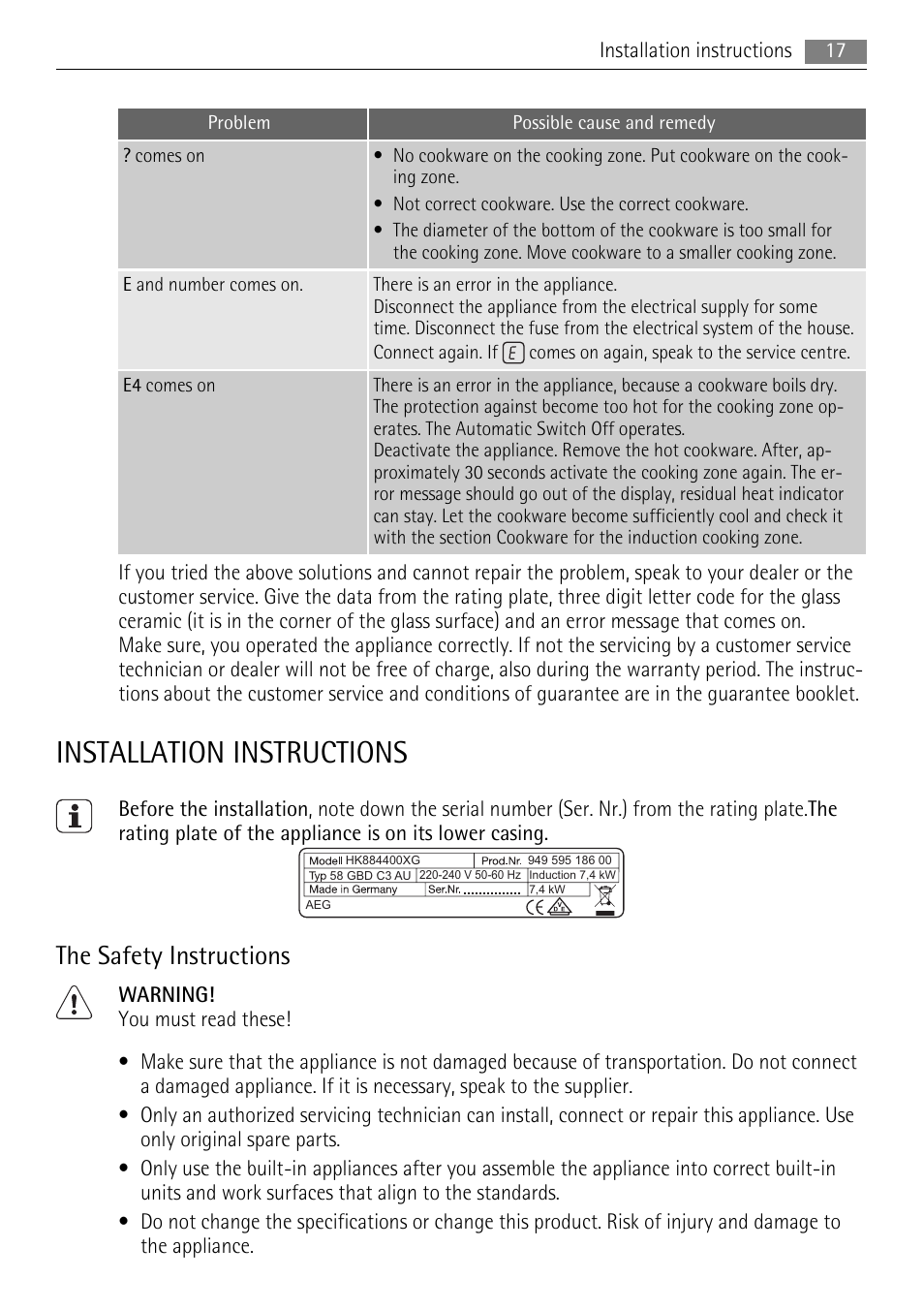 Installation instructions, The safety instructions | AEG HK634200XB User Manual | Page 17 / 24