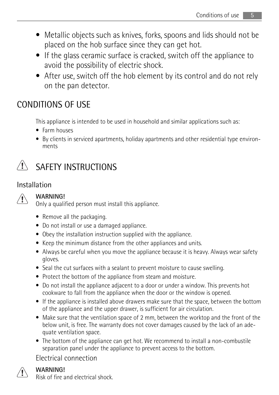 Conditions of use, Safety instructions | AEG HK634200XB User Manual | Page 5 / 24