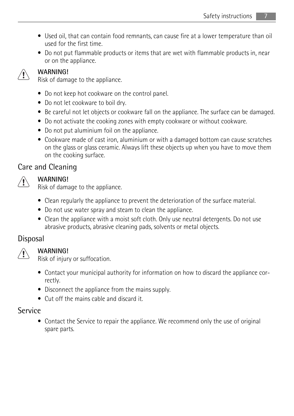 Care and cleaning, Disposal, Service | AEG HK634200XB User Manual | Page 7 / 24