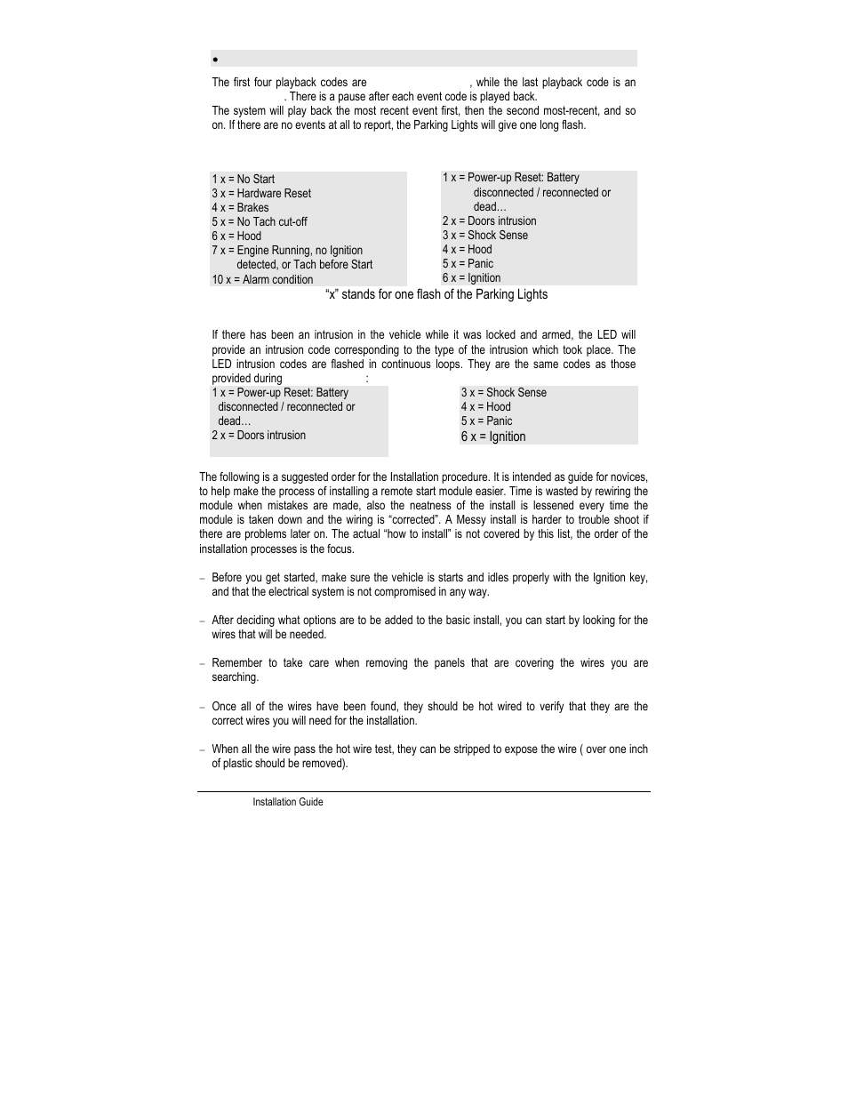 Start failure codes via parking lights, Intrusion codes, Intrusion codes via led light | Installation order | Autostart CT-5000 User Manual | Page 19 / 29