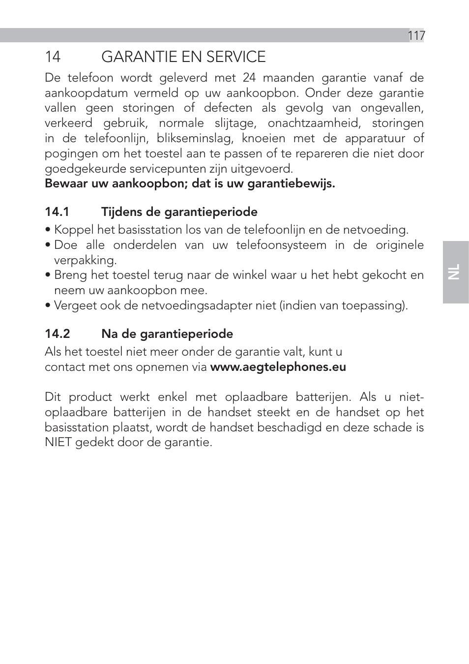 14 garantie en service | AEG Voxtel D555 User Manual | Page 117 / 120