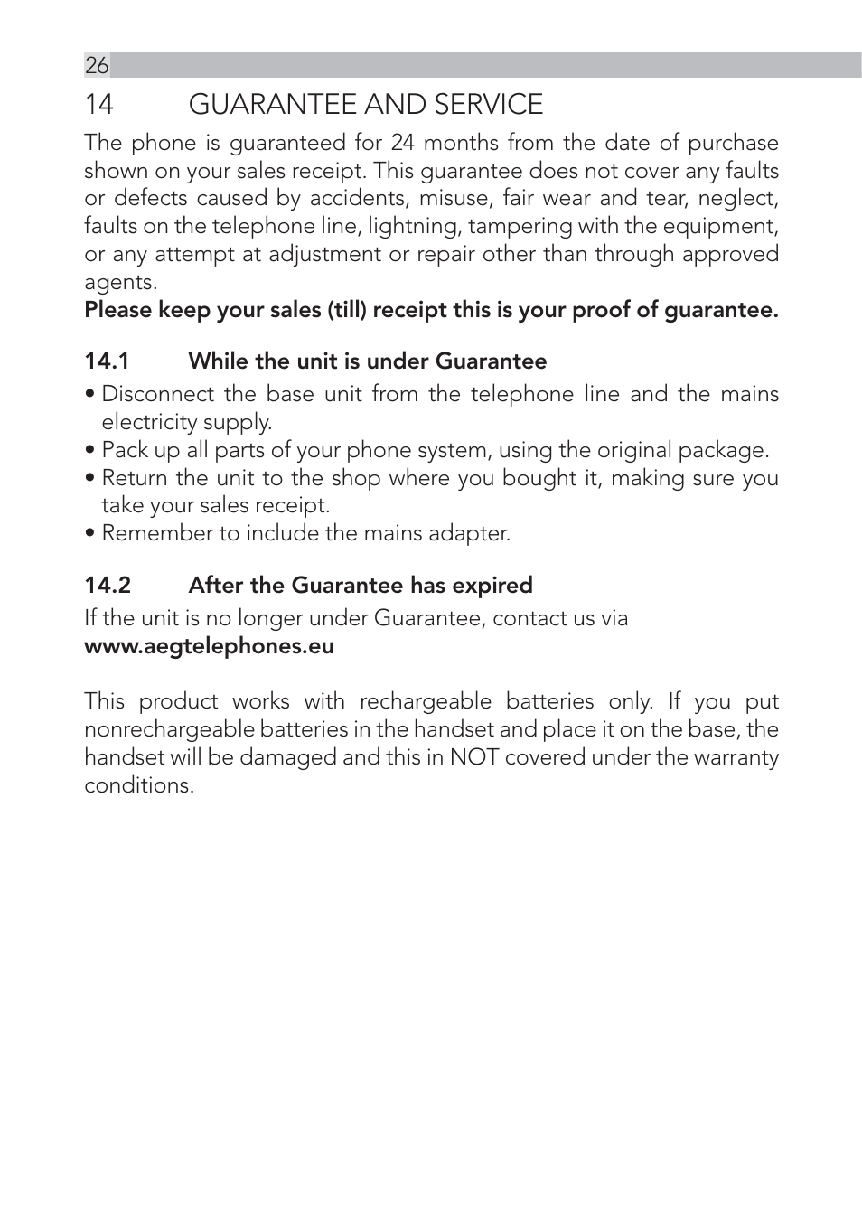 14 guarantee and service | AEG Voxtel D555 User Manual | Page 26 / 120