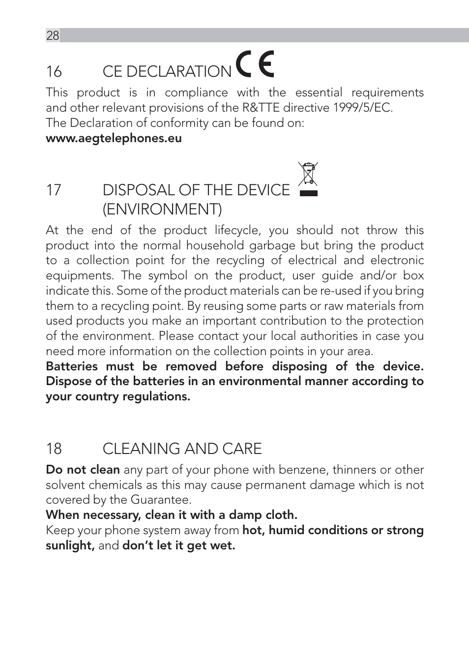 16 ce declaration, 17 disposal of the device (environment), 18 cleaning and care | AEG Voxtel D555 User Manual | Page 28 / 120