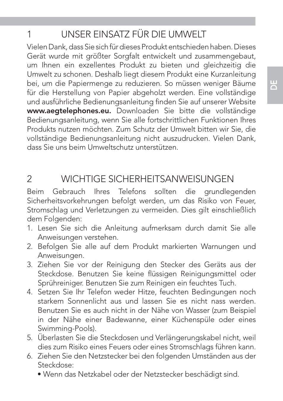 1unser einsatz für die umwelt, 2 wichtige sicherheitsanweisungen | AEG Voxtel D555 User Manual | Page 29 / 120