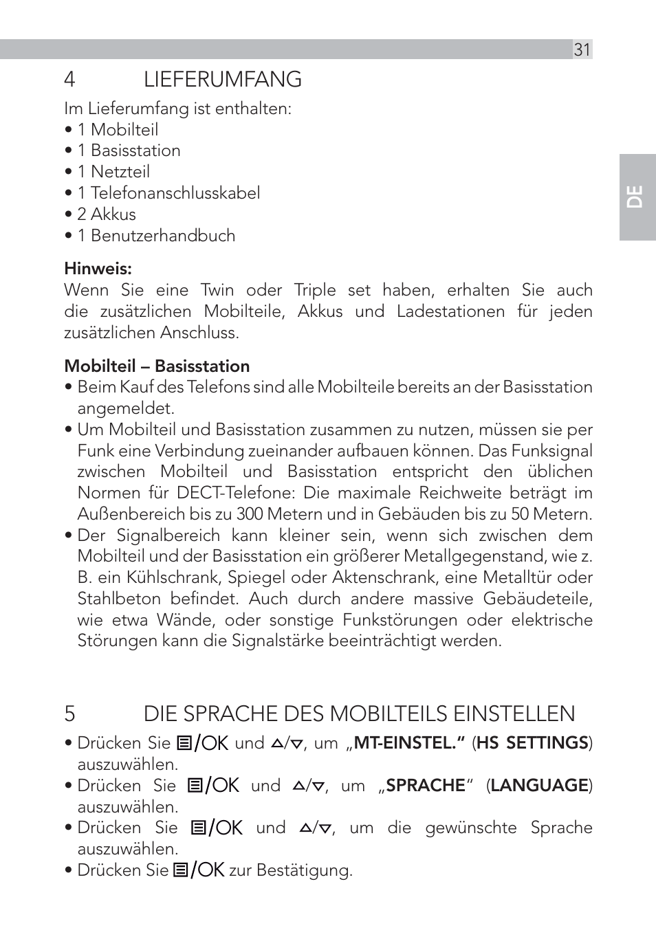 4 lieferumfang, 5die sprache des mobilteils einstellen | AEG Voxtel D555 User Manual | Page 31 / 120