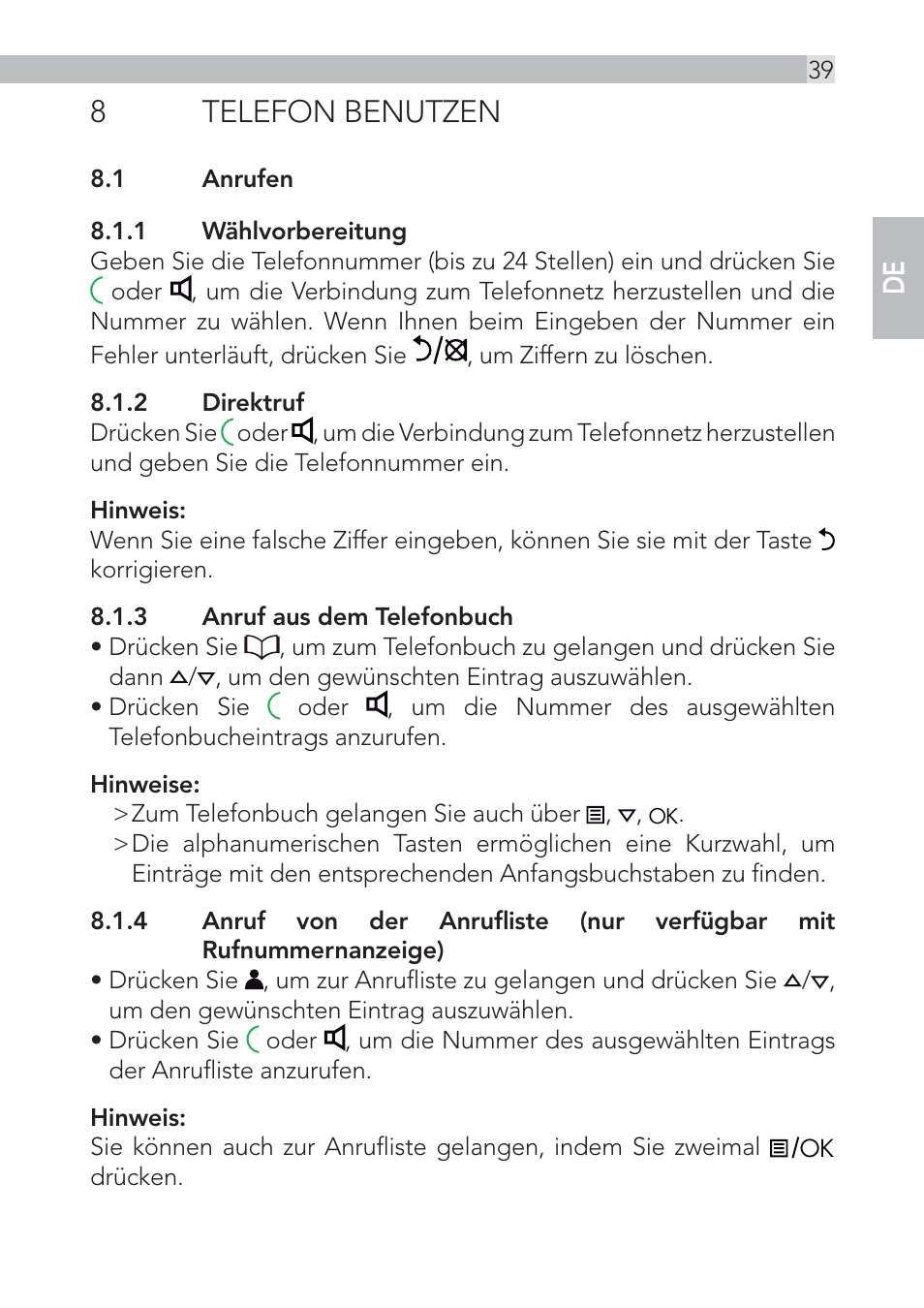 8 telefon benutzen | AEG Voxtel D555 User Manual | Page 39 / 120