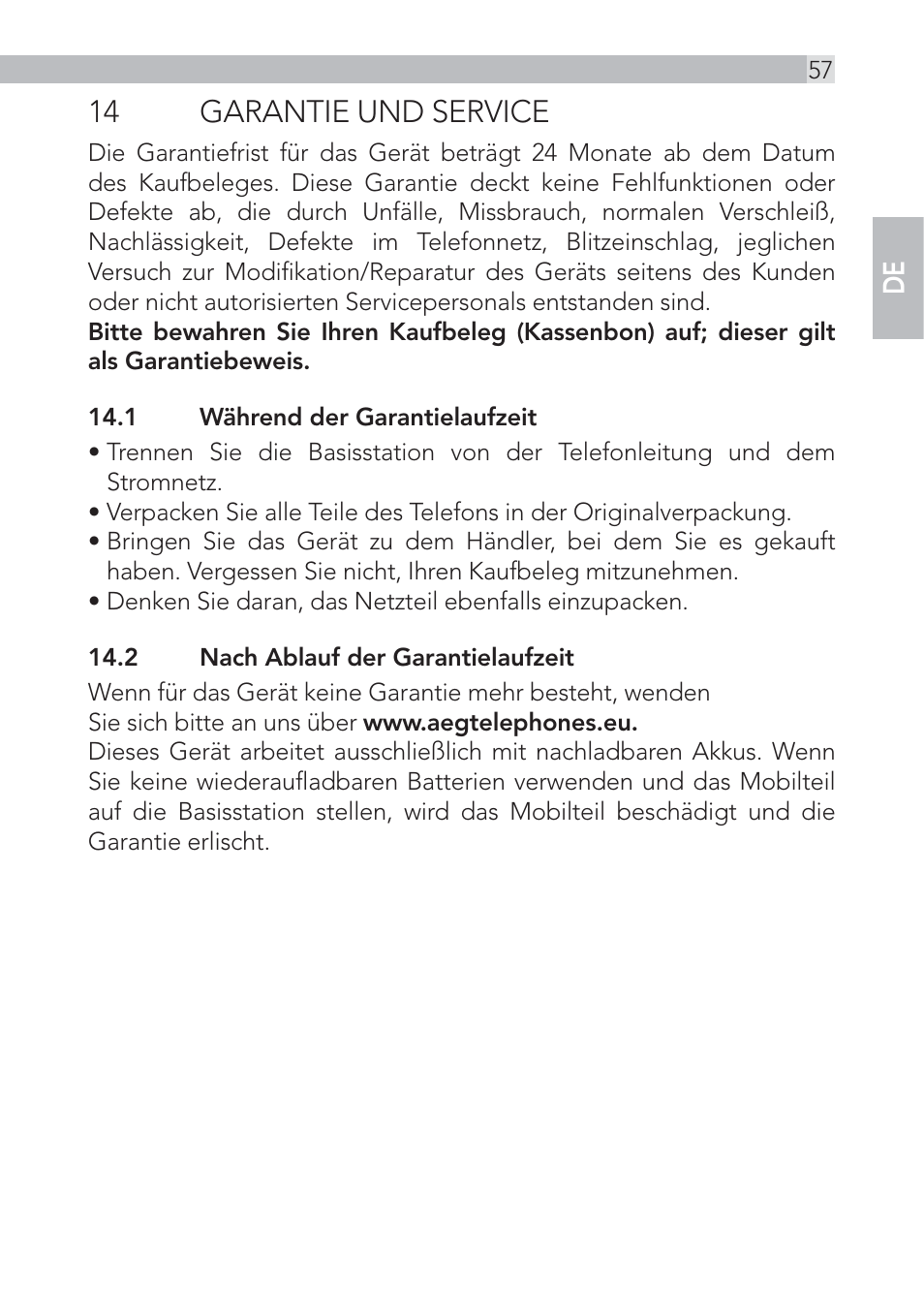 14 garantie und service | AEG Voxtel D555 User Manual | Page 57 / 120