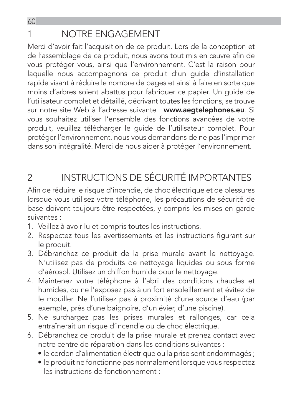 1 notre engagement, 2instructions de sécurité importantes | AEG Voxtel D555 User Manual | Page 60 / 120