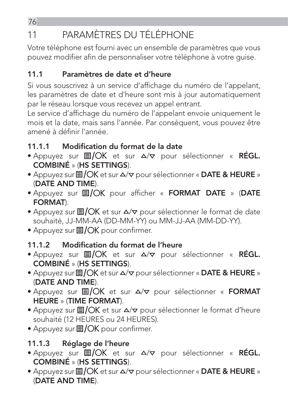 11 paramètres du téléphone | AEG Voxtel D555 User Manual | Page 76 / 120