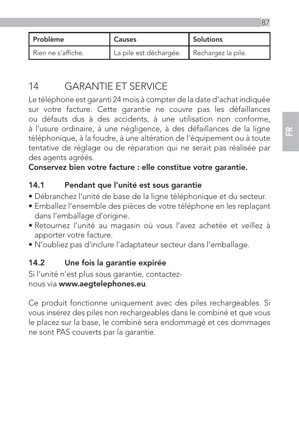 14 garantie et service | AEG Voxtel D555 User Manual | Page 87 / 120