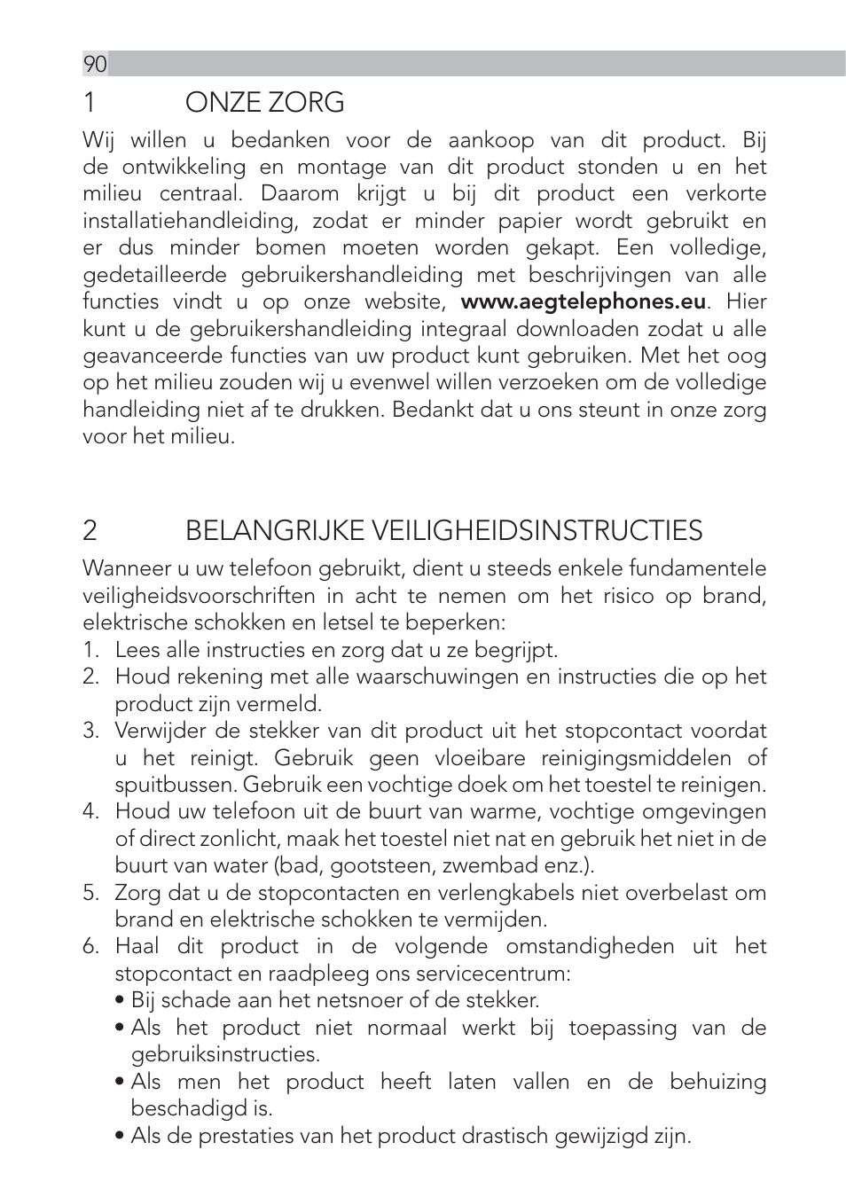 1 onze zorg, 2 belangrijke veiligheidsinstructies | AEG Voxtel D555 User Manual | Page 90 / 120