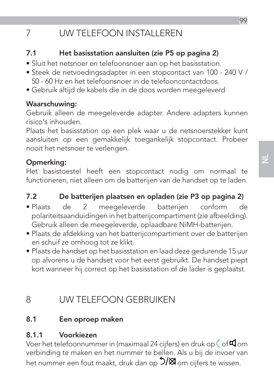 7uw telefoon installeren, 8uw telefoon gebruiken | AEG Voxtel D555 User Manual | Page 99 / 120
