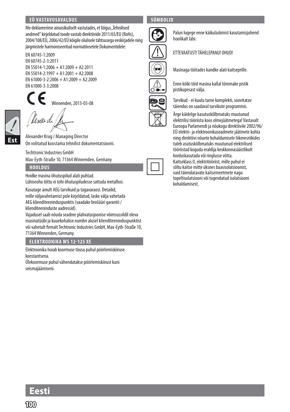 Eesti | AEG WS 9-115 User Manual | Page 101 / 125