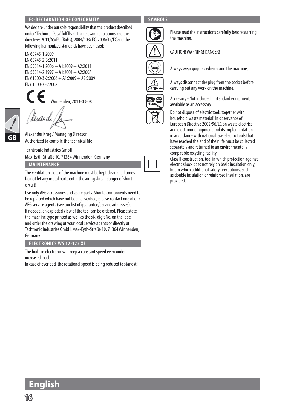 English | AEG WS 9-115 User Manual | Page 17 / 125