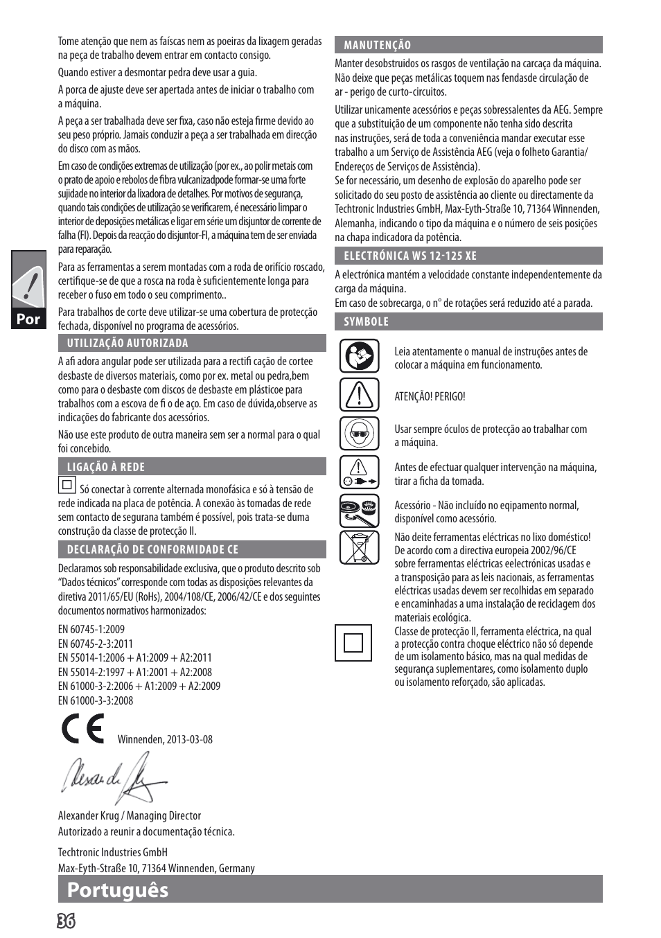 Português | AEG WS 9-115 User Manual | Page 37 / 125
