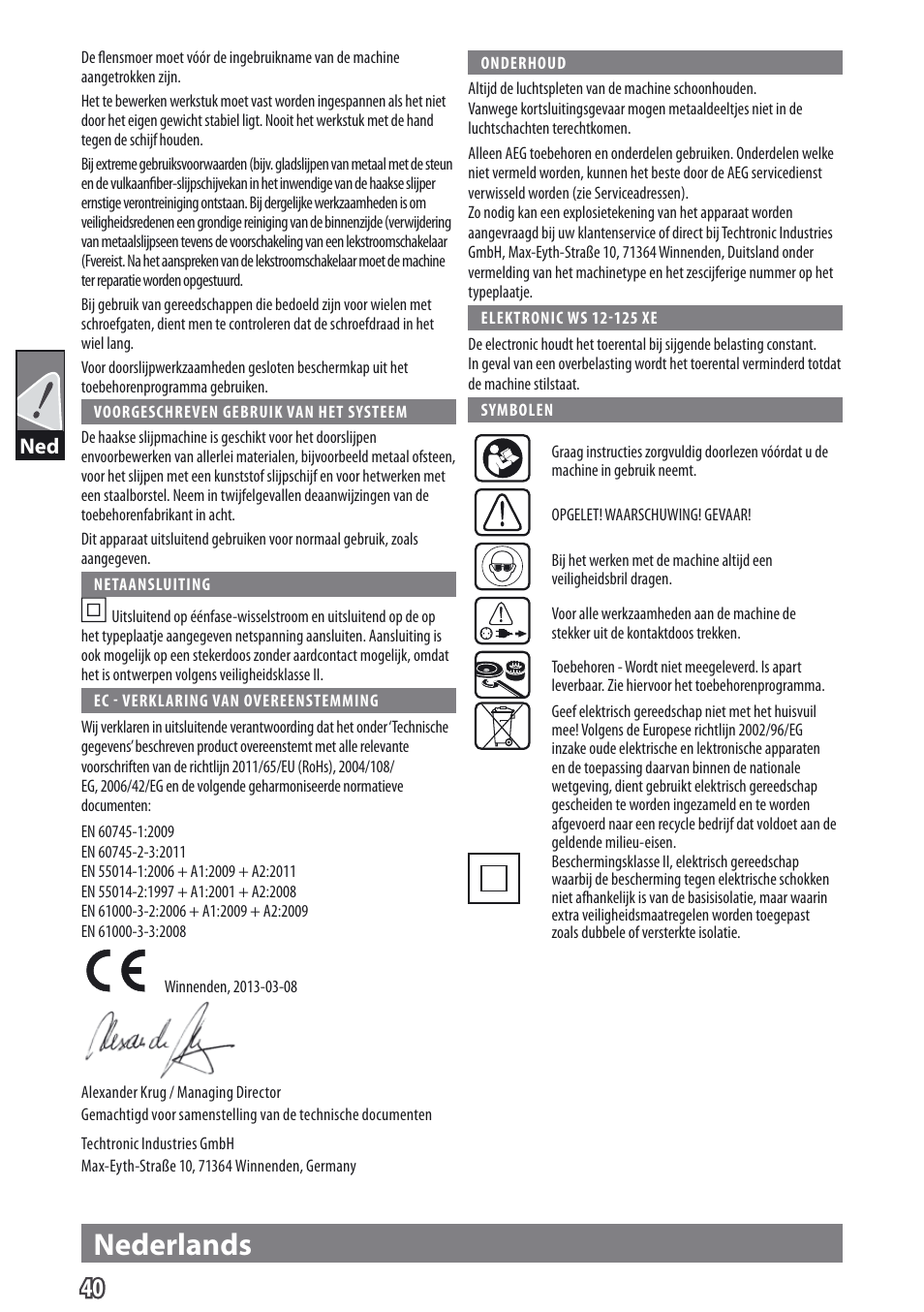 Nederlands | AEG WS 9-115 User Manual | Page 41 / 125