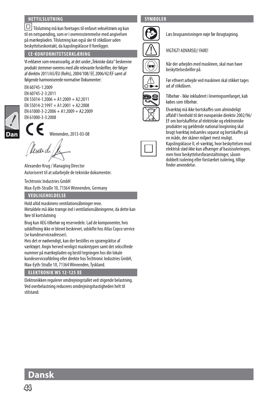 Dansk | AEG WS 9-115 User Manual | Page 45 / 125
