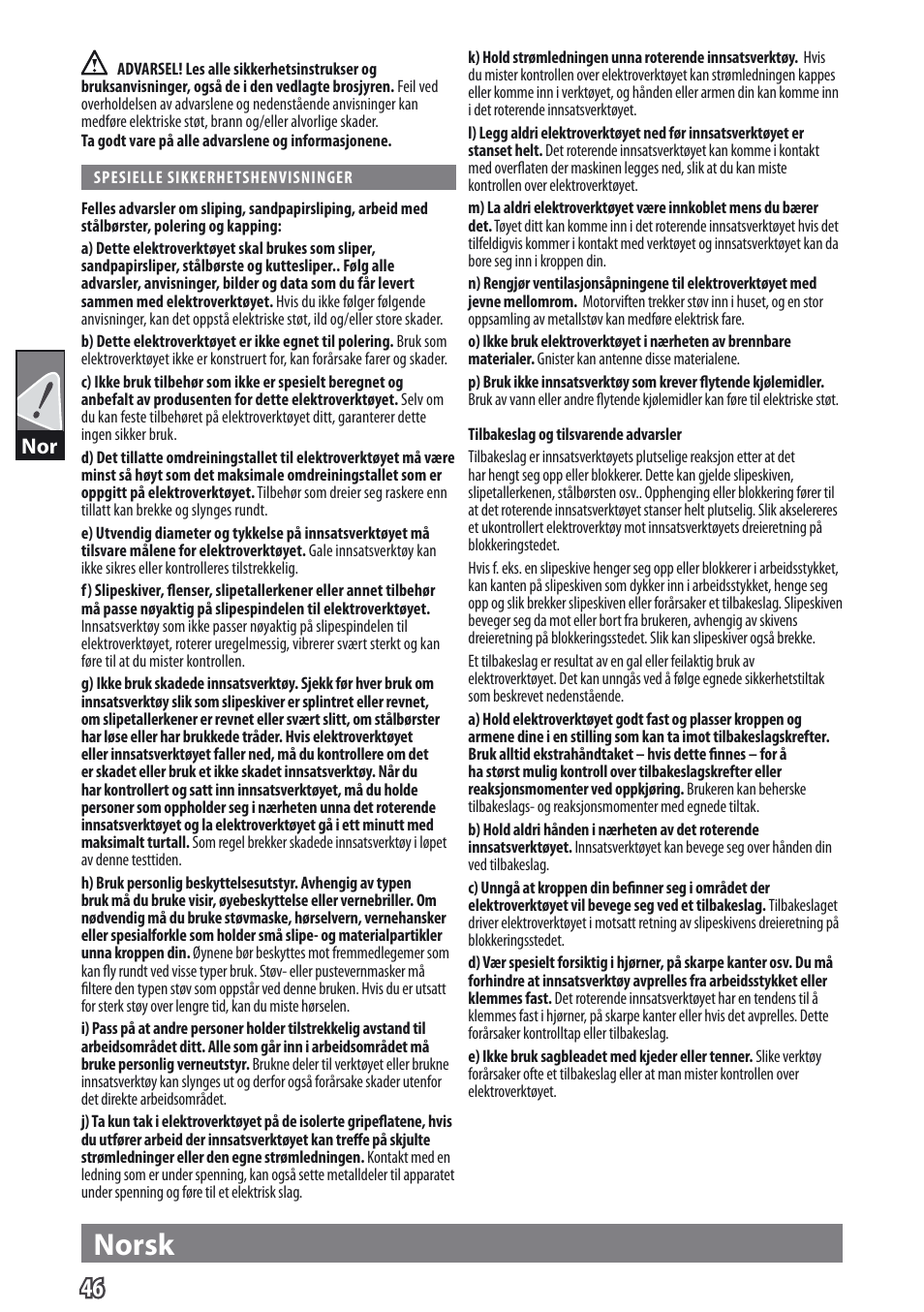 Norsk | AEG WS 9-115 User Manual | Page 47 / 125
