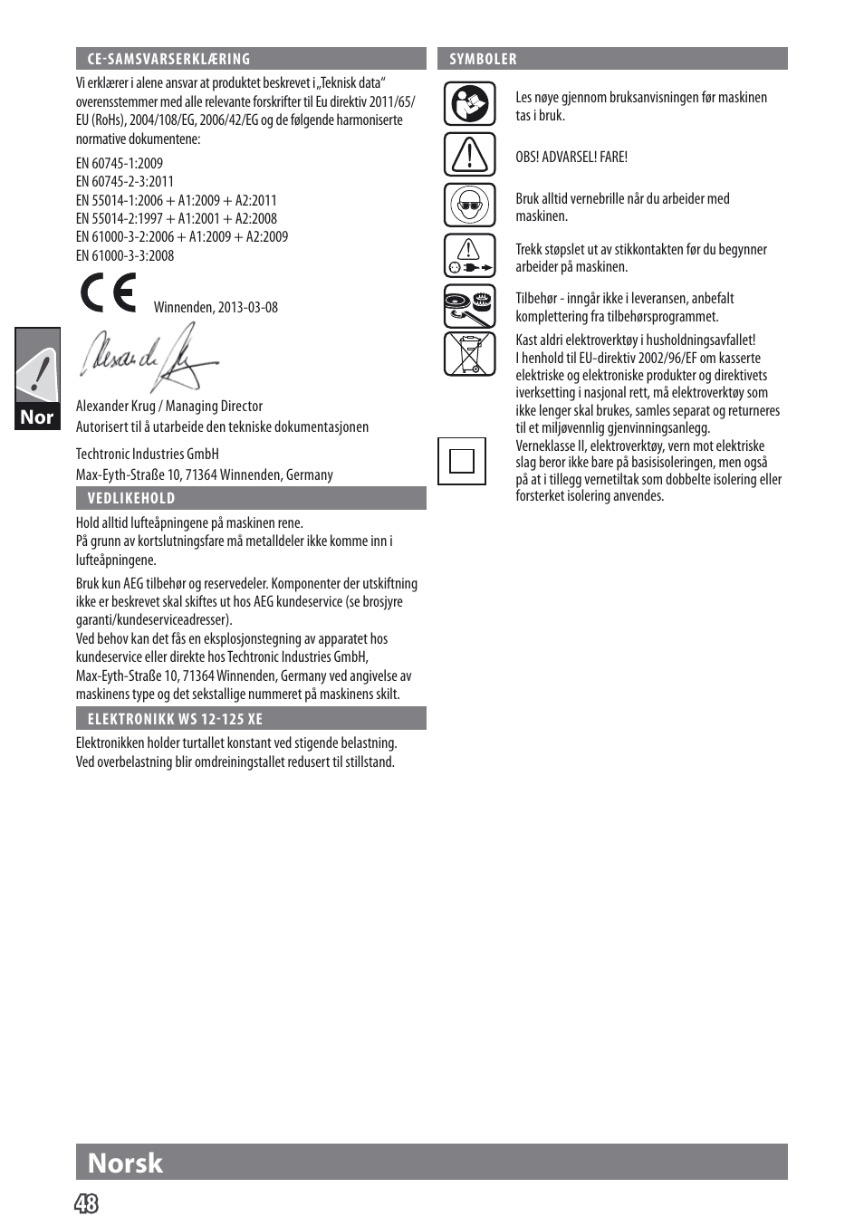 Norsk | AEG WS 9-115 User Manual | Page 49 / 125