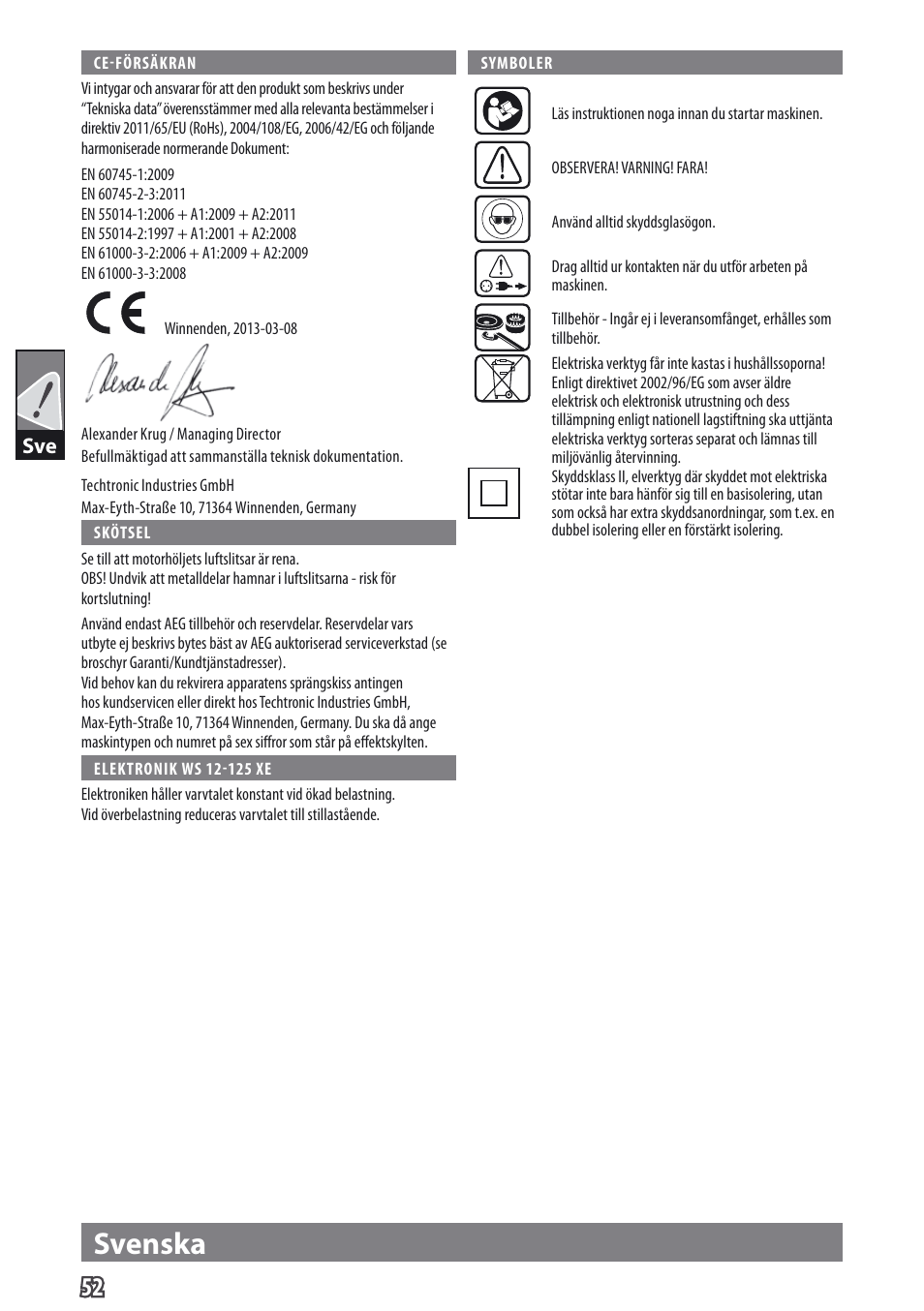 Svenska | AEG WS 9-115 User Manual | Page 53 / 125