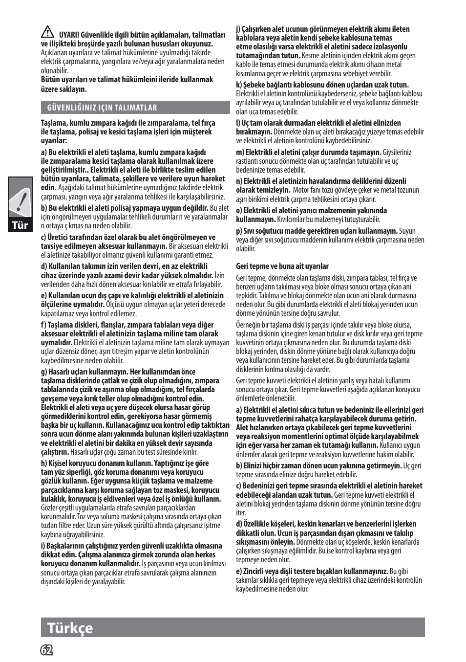 Türkçe | AEG WS 9-115 User Manual | Page 63 / 125