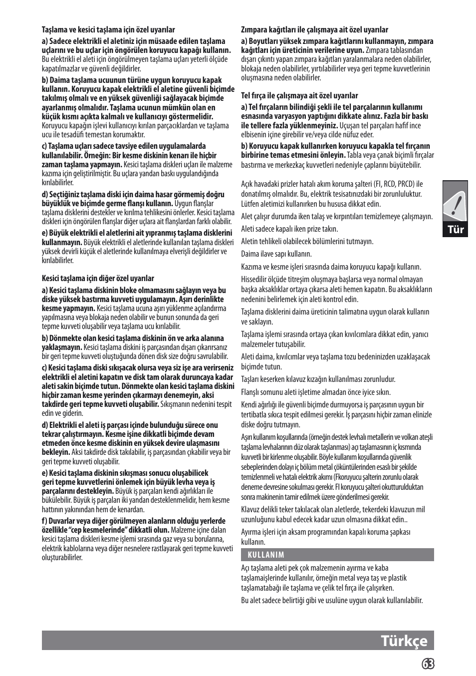 Türkçe | AEG WS 9-115 User Manual | Page 64 / 125