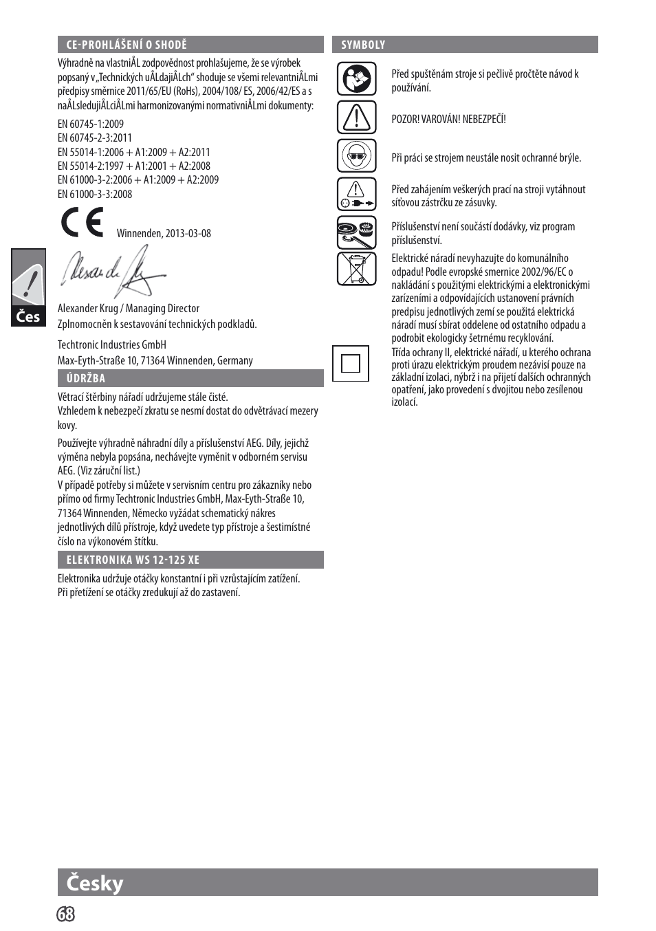 Česky | AEG WS 9-115 User Manual | Page 69 / 125