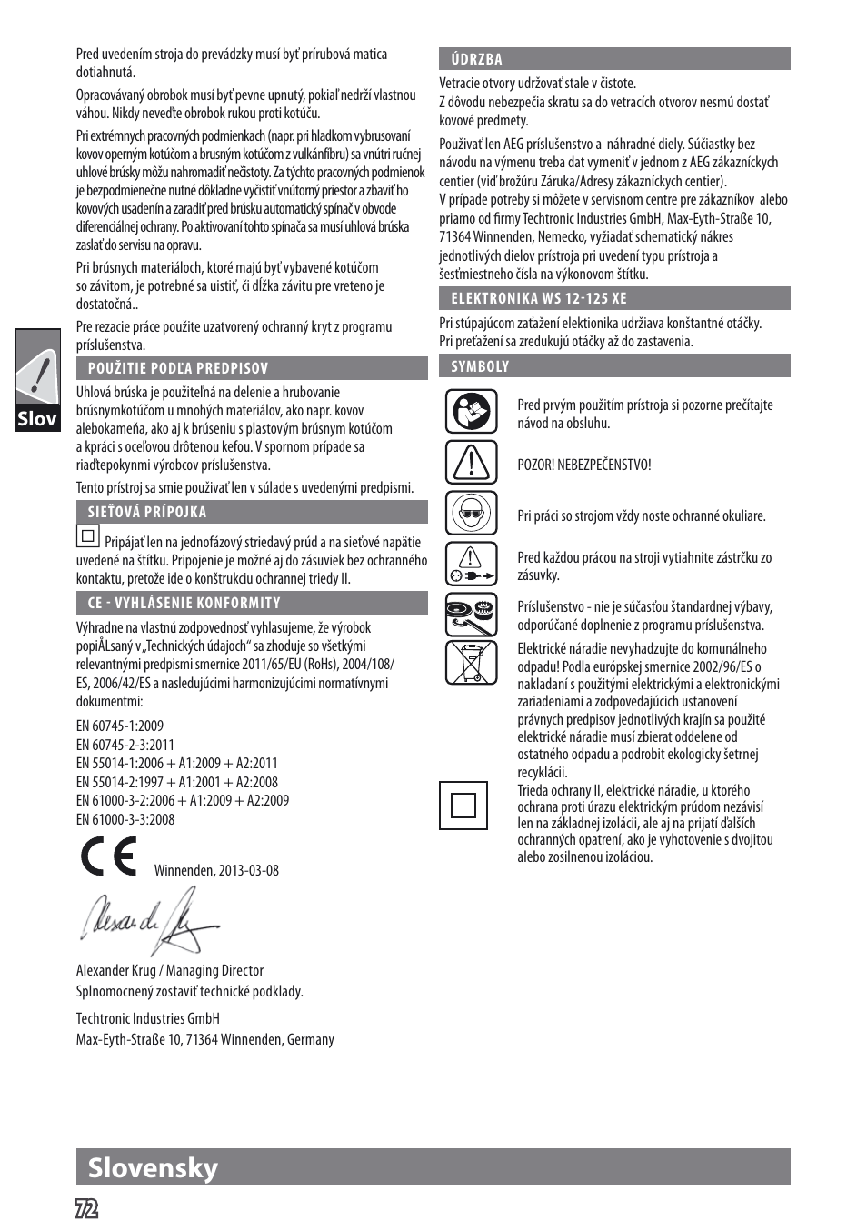Slovensky, Slov | AEG WS 9-115 User Manual | Page 73 / 125