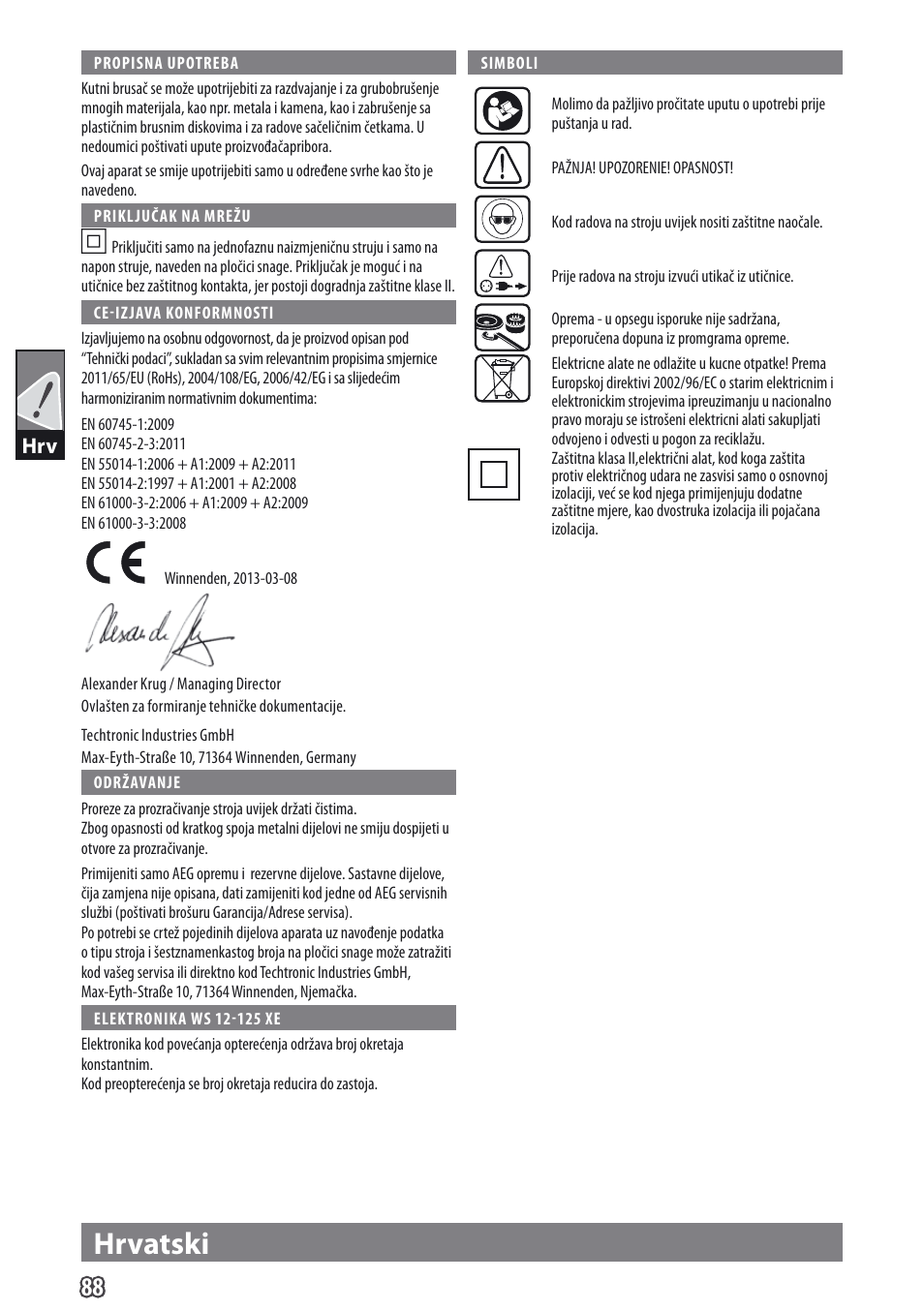 Hrvatski | AEG WS 9-115 User Manual | Page 89 / 125