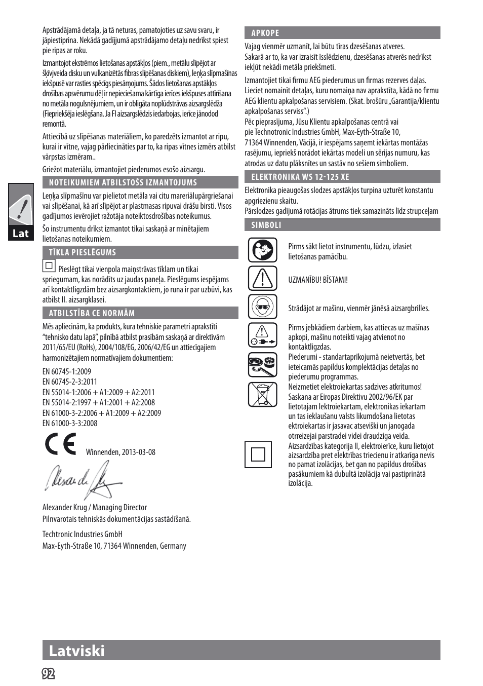 Latviski | AEG WS 9-115 User Manual | Page 93 / 125