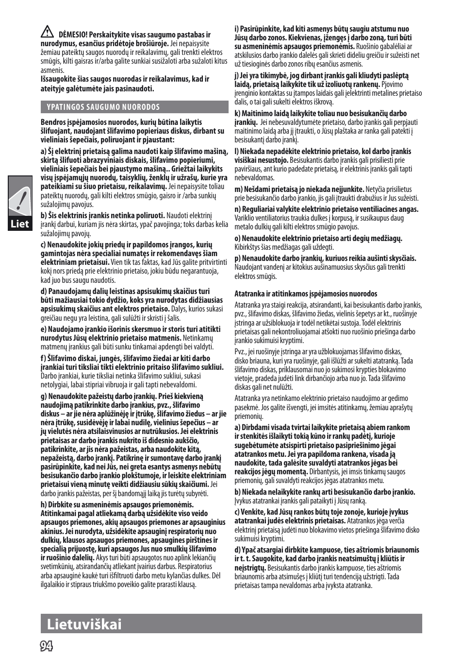 Lietuviškai, Liet | AEG WS 9-115 User Manual | Page 95 / 125
