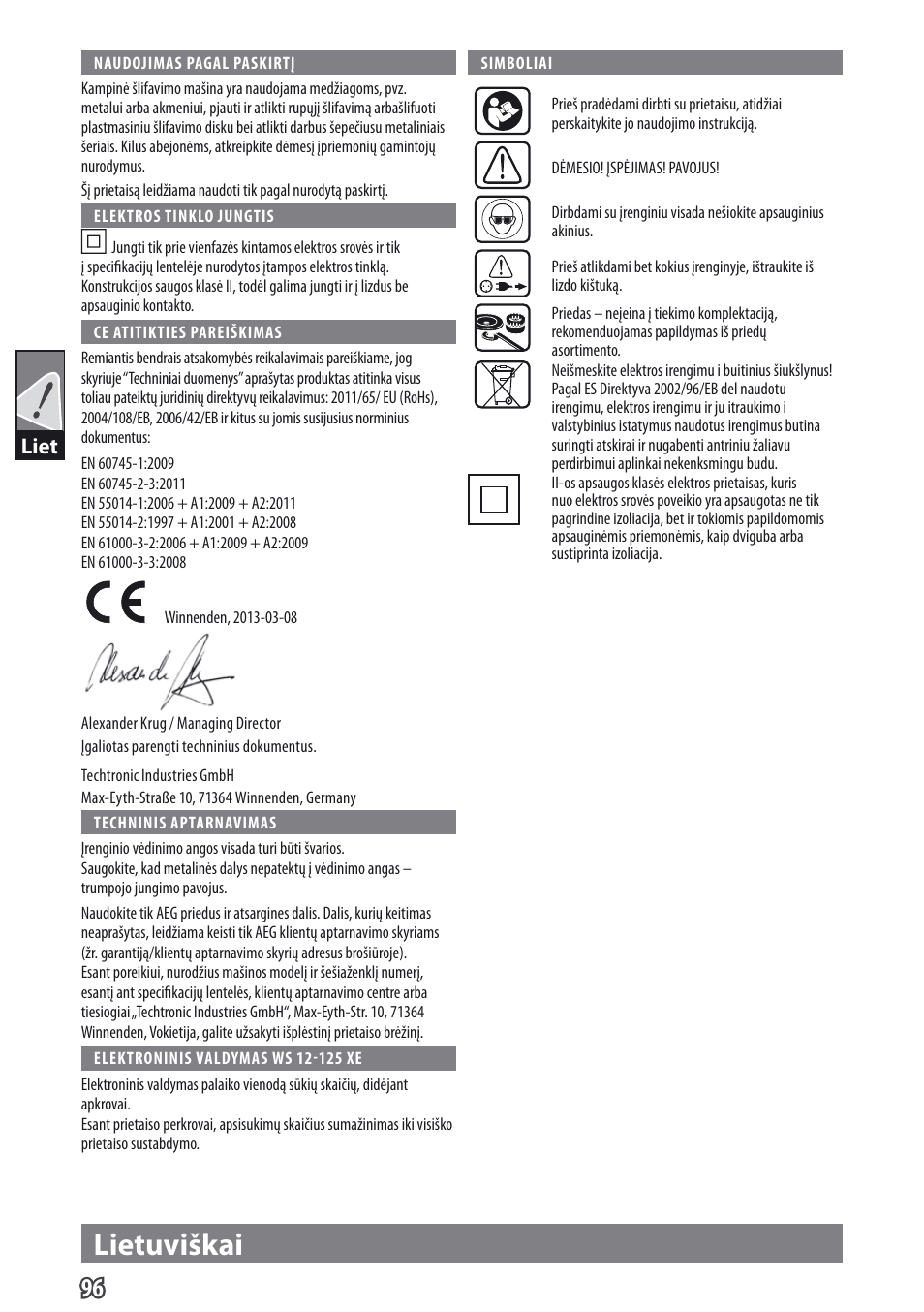 Lietuviškai, Liet | AEG WS 9-115 User Manual | Page 97 / 125