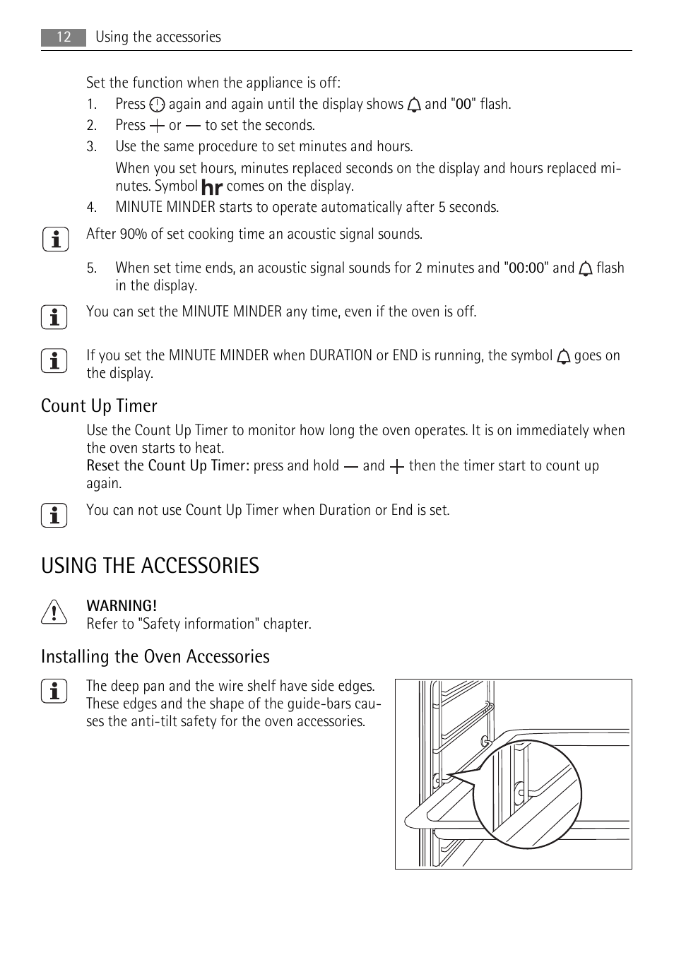 Using the accessories, Count up timer, Installing the oven accessories | AEG BE5304001B User Manual | Page 12 / 36