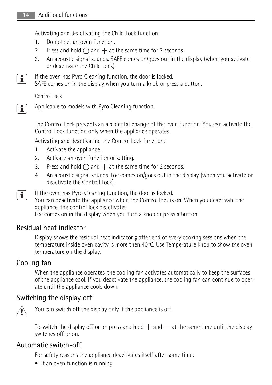 Residual heat indicator, Cooling fan, Switching the display off | Automatic switch-off | AEG BE5304001B User Manual | Page 14 / 36
