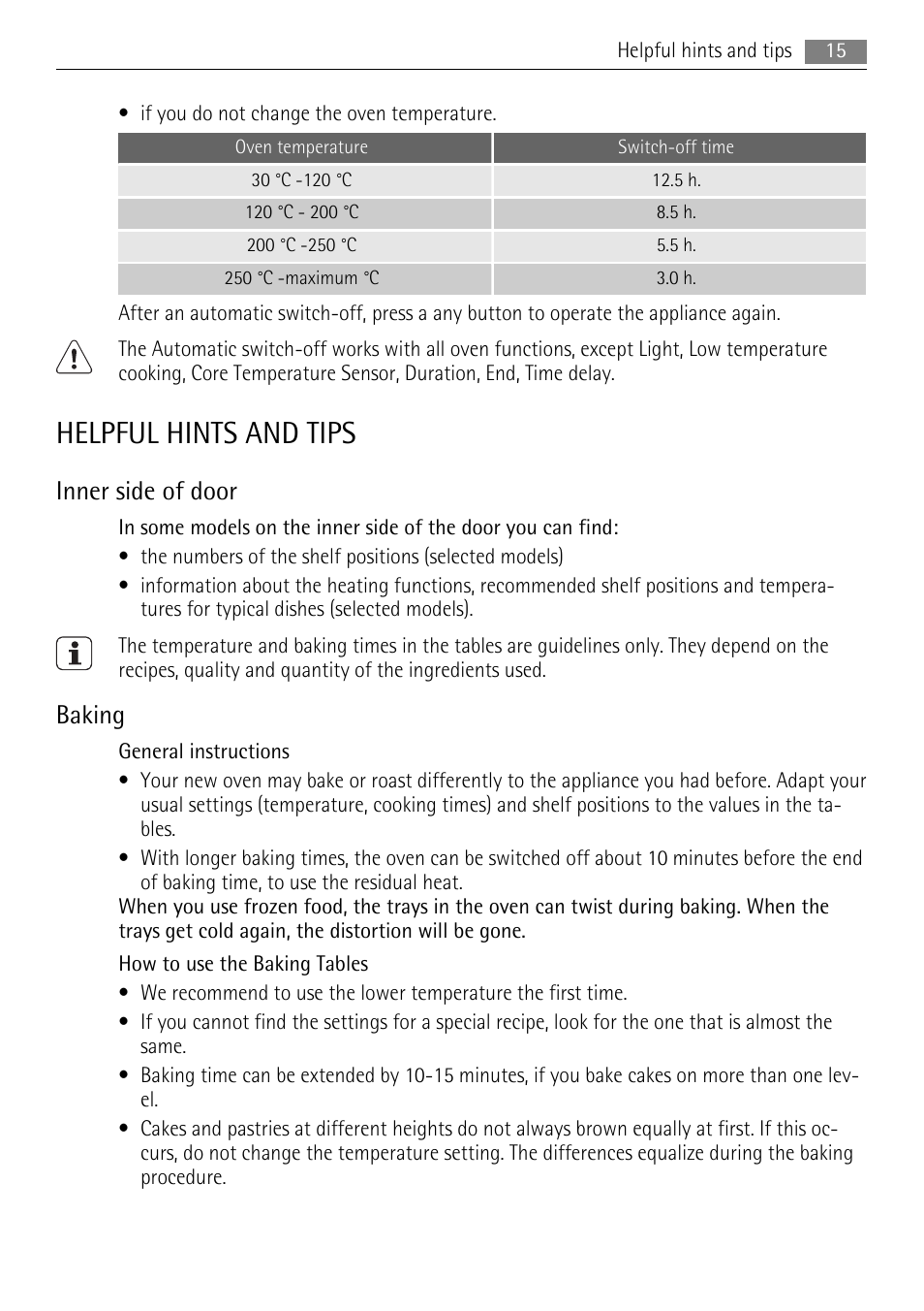 Helpful hints and tips, Inner side of door, Baking | AEG BE5304001B User Manual | Page 15 / 36