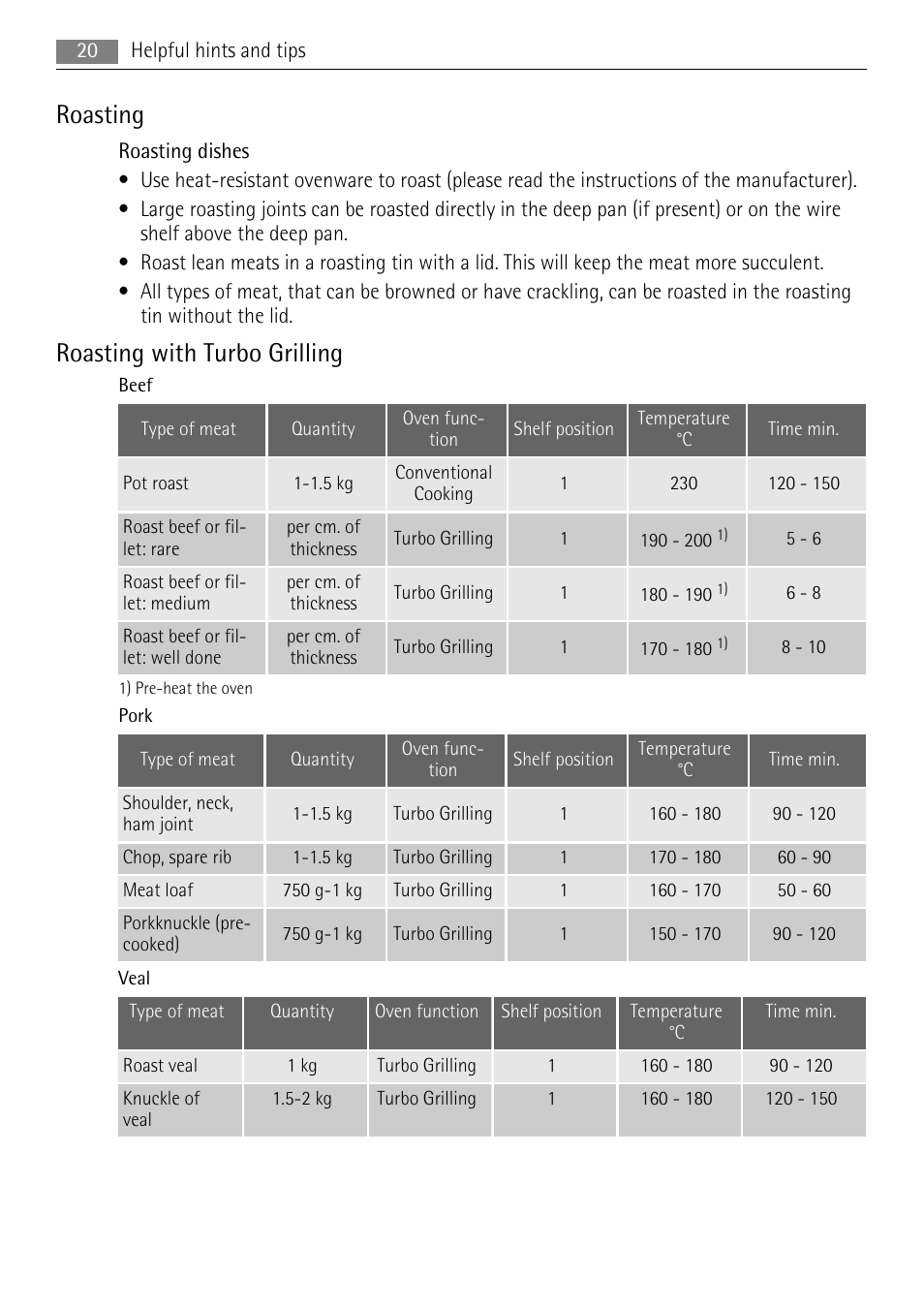 Roasting, Roasting with turbo grilling | AEG BE5304001B User Manual | Page 20 / 36