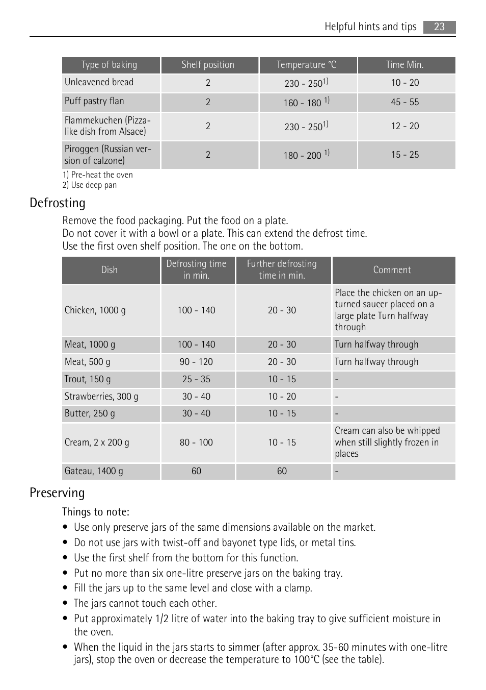 Defrosting, Preserving | AEG BE5304001B User Manual | Page 23 / 36