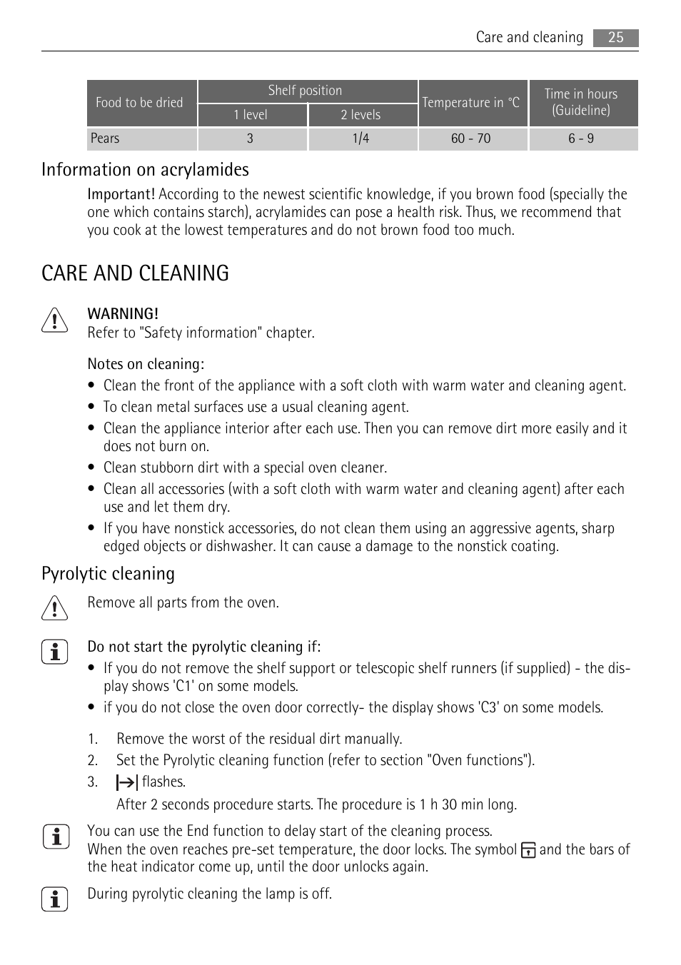 Care and cleaning, Information on acrylamides, Pyrolytic cleaning | AEG BE5304001B User Manual | Page 25 / 36