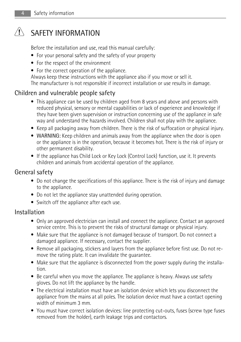 Safety information, Children and vulnerable people safety, General safety | Installation | AEG BE5304001B User Manual | Page 4 / 36