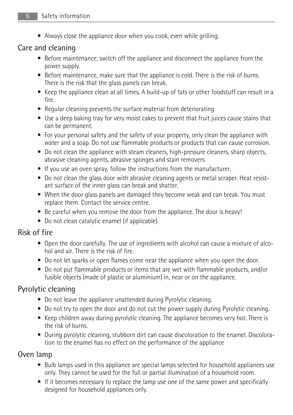 Care and cleaning, Risk of fire, Pyrolytic cleaning | Oven lamp | AEG BE5304001B User Manual | Page 6 / 36