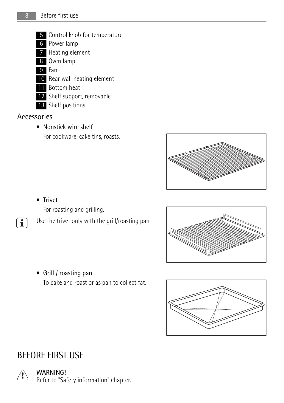 Before first use, Accessories | AEG BE5304001B User Manual | Page 8 / 36