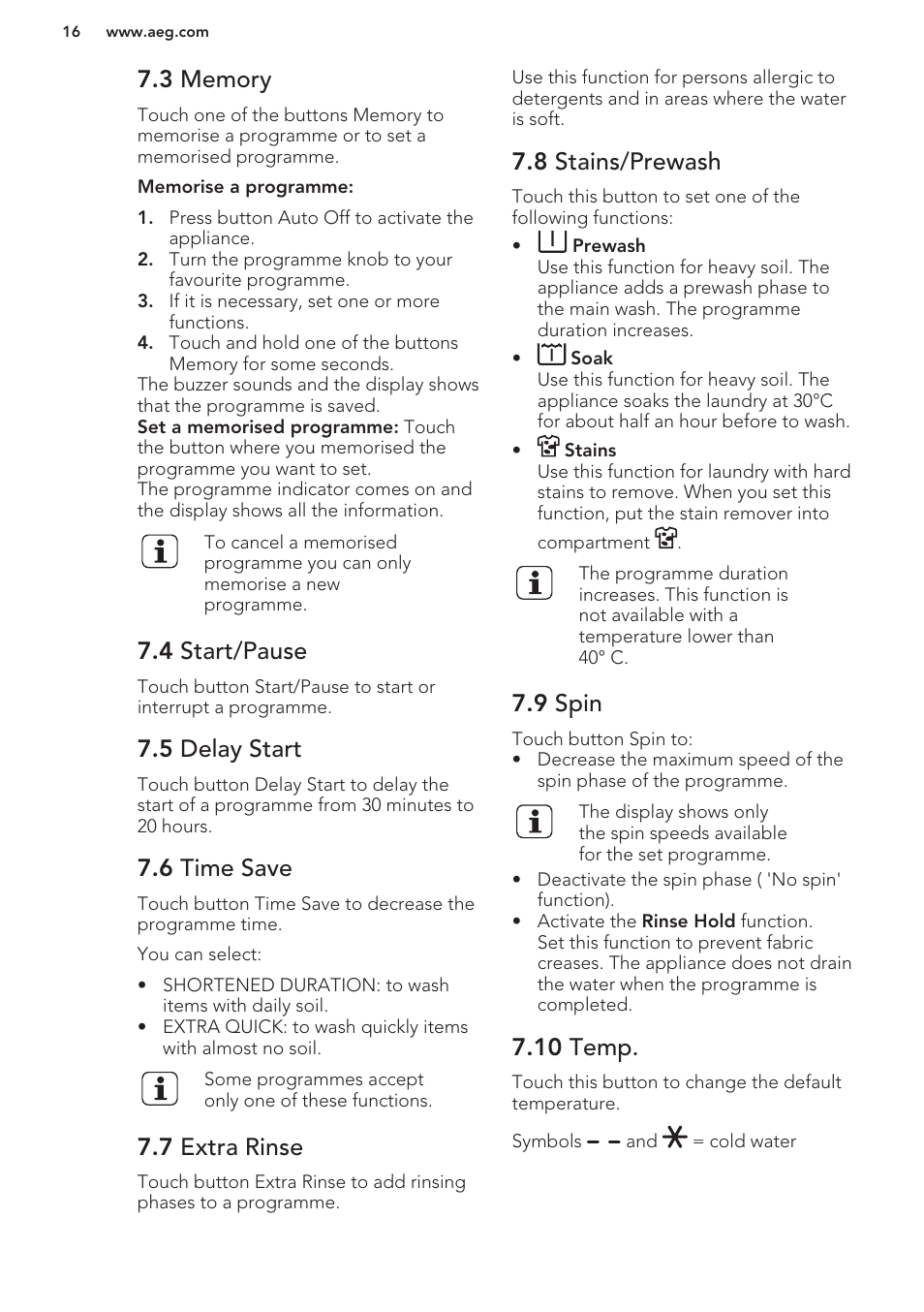 3 memory, 4 start/pause, 5 delay start | 6 time save, 7 extra rinse, 8 stains/prewash, 9 spin, 10 temp | AEG L61271WDBI User Manual | Page 16 / 32