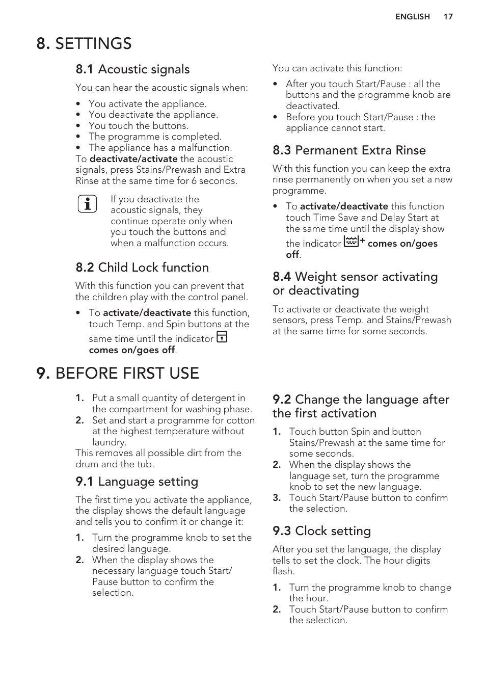 Settings, 1 acoustic signals, 2 child lock function | 3 permanent extra rinse, 4 weight sensor activating or deactivating, Before first use, 1 language setting, 2 change the language after the first activation, 3 clock setting, Settings 9. before first use | AEG L61271WDBI User Manual | Page 17 / 32