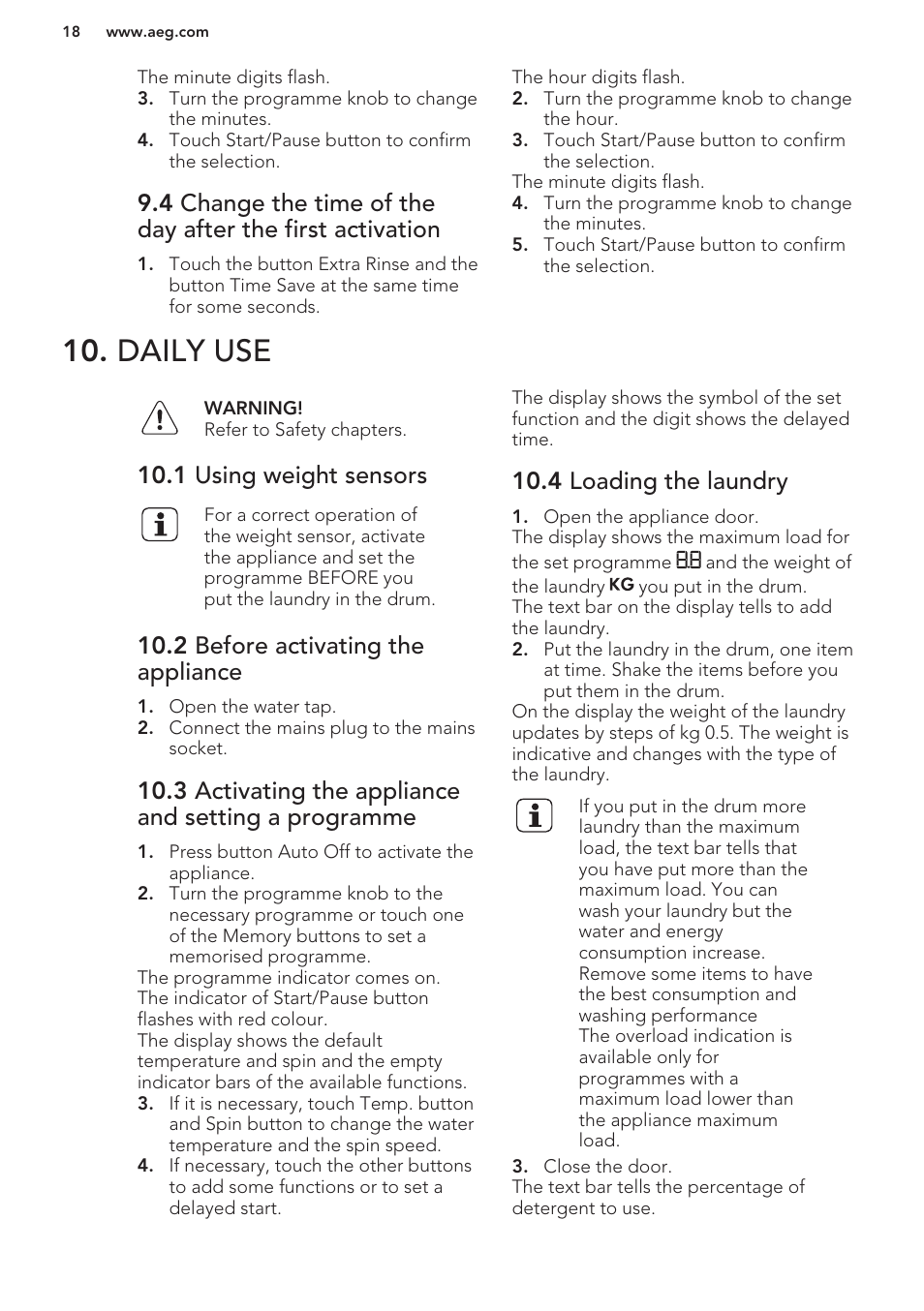 Daily use, 1 using weight sensors, 2 before activating the appliance | 3 activating the appliance and setting a programme, 4 loading the laundry | AEG L61271WDBI User Manual | Page 18 / 32