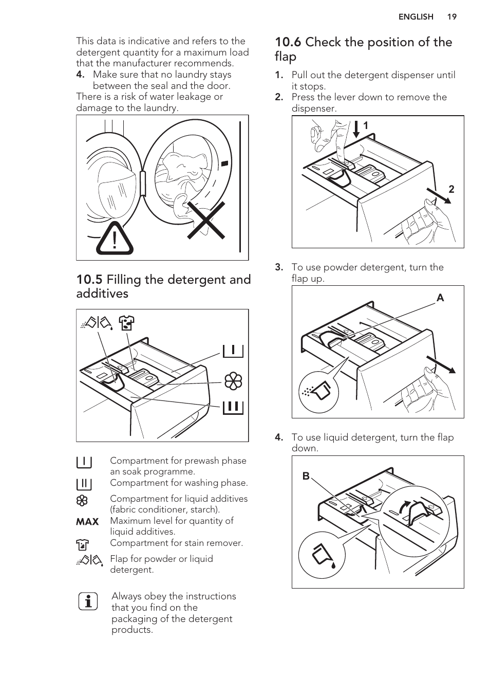 5 filling the detergent and additives, 6 check the position of the flap | AEG L61271WDBI User Manual | Page 19 / 32