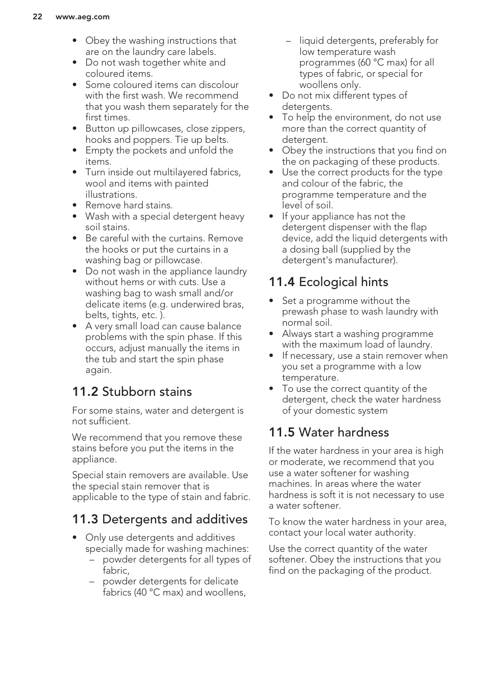 2 stubborn stains, 3 detergents and additives, 4 ecological hints | 5 water hardness | AEG L61271WDBI User Manual | Page 22 / 32