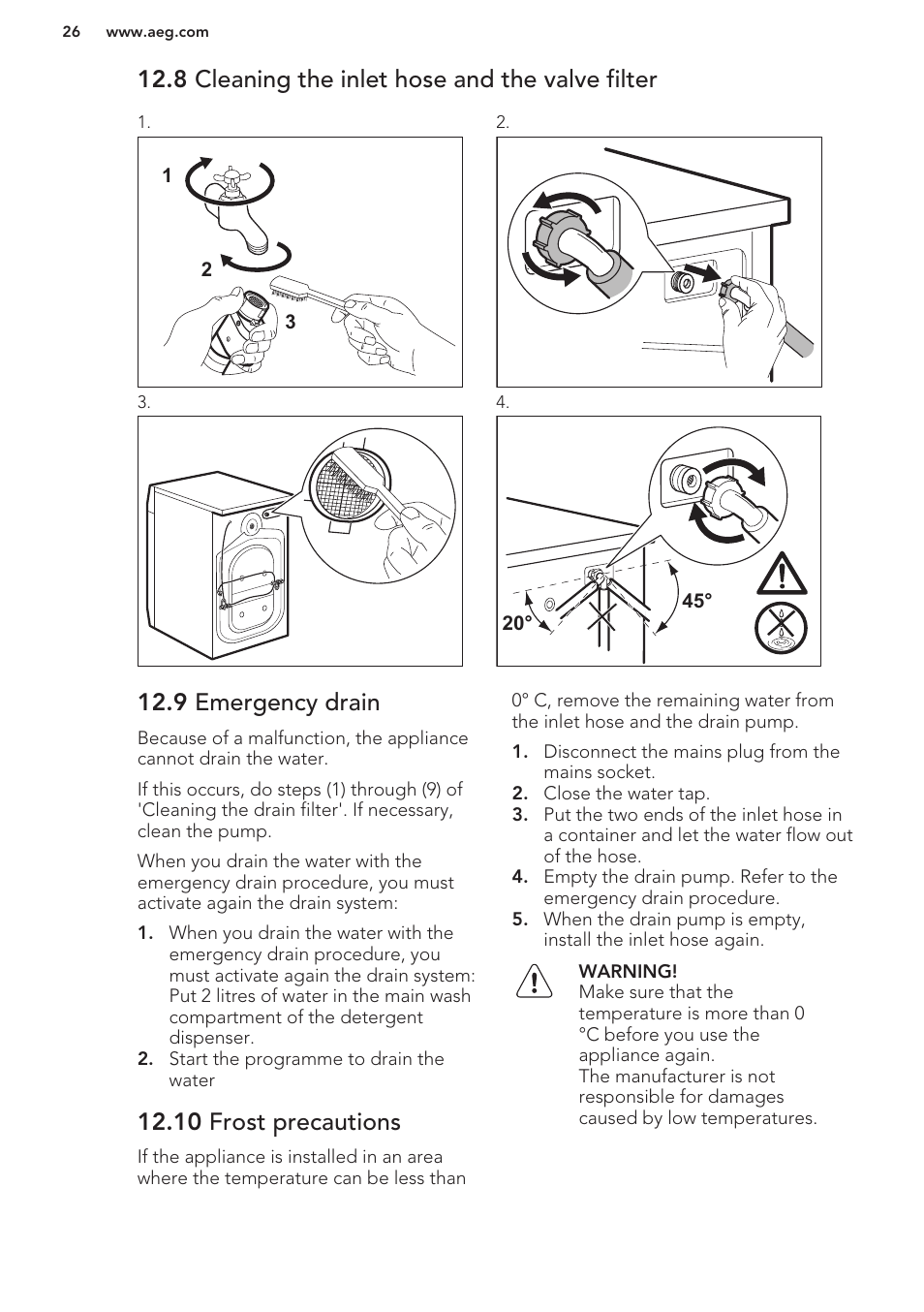 8 cleaning the inlet hose and the valve filter, 9 emergency drain, 10 frost precautions | AEG L61271WDBI User Manual | Page 26 / 32