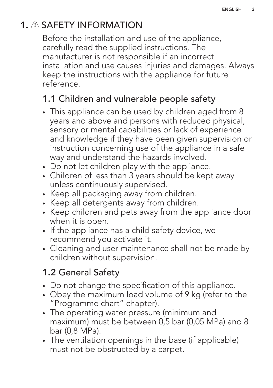 Safety information, 1 children and vulnerable people safety, 2 general safety | AEG L61271WDBI User Manual | Page 3 / 32